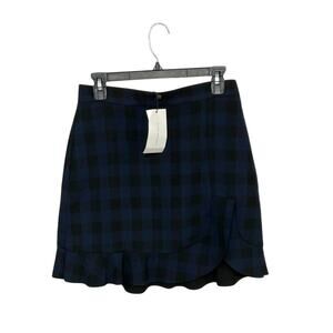 NWT Zara Mini Skirt Black Blue Plaid Gingham Ruffle Size Medium Side Slit